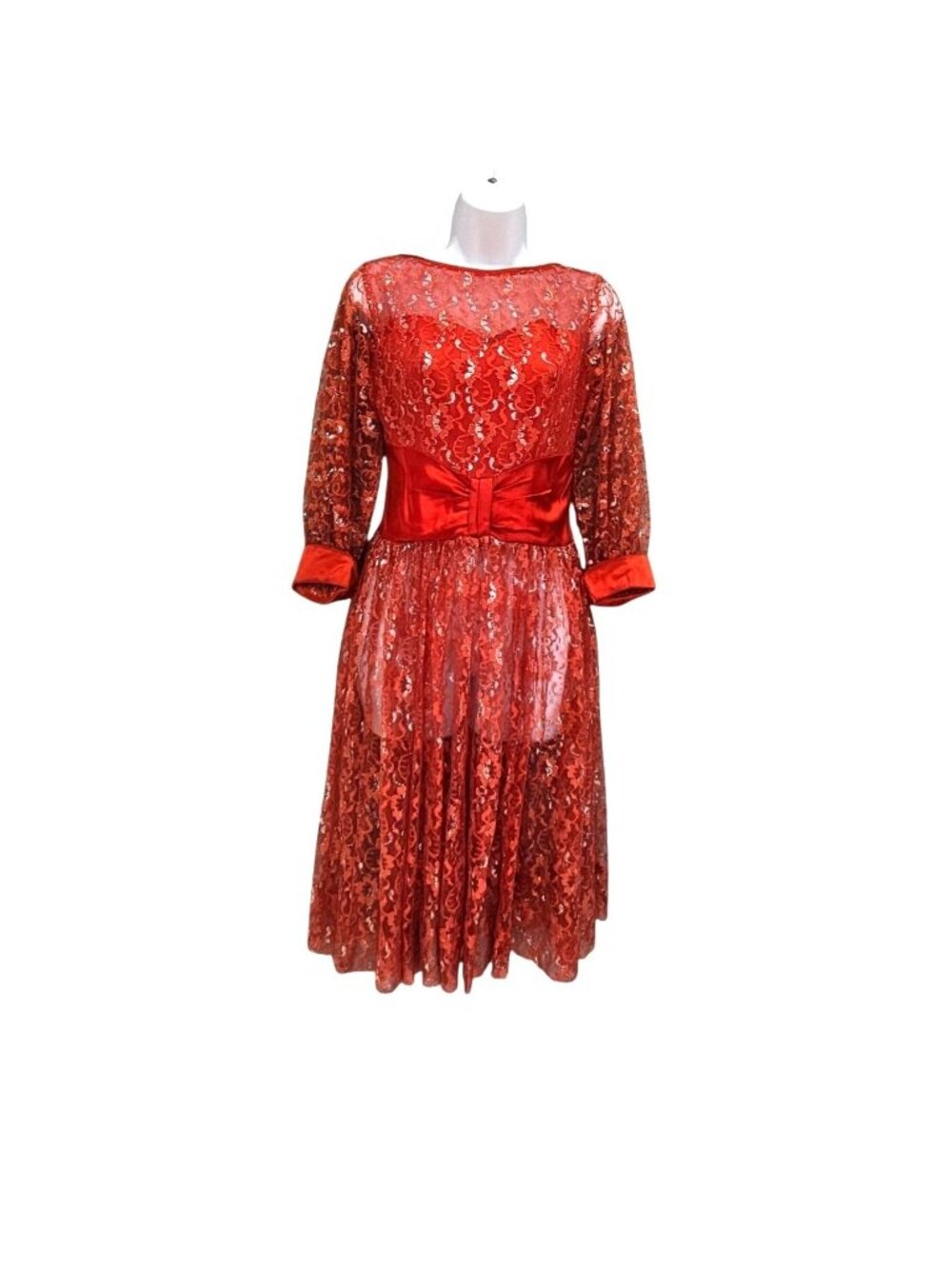 Vintage 1950s Handmade Red Chantilly Lace Satin Party Dress Silver Women's XS